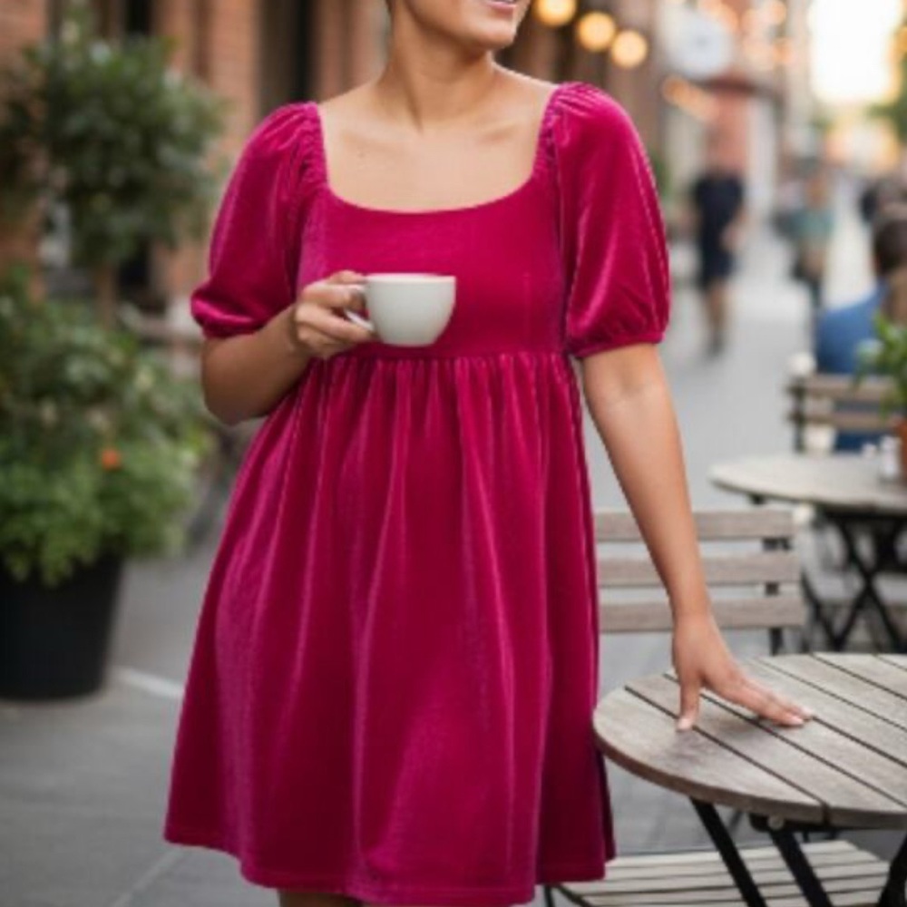 English Factory Rasbperry Red Pink Puff Sleeve Velvet Babydoll Dress Size Small - Picture 2 of 9